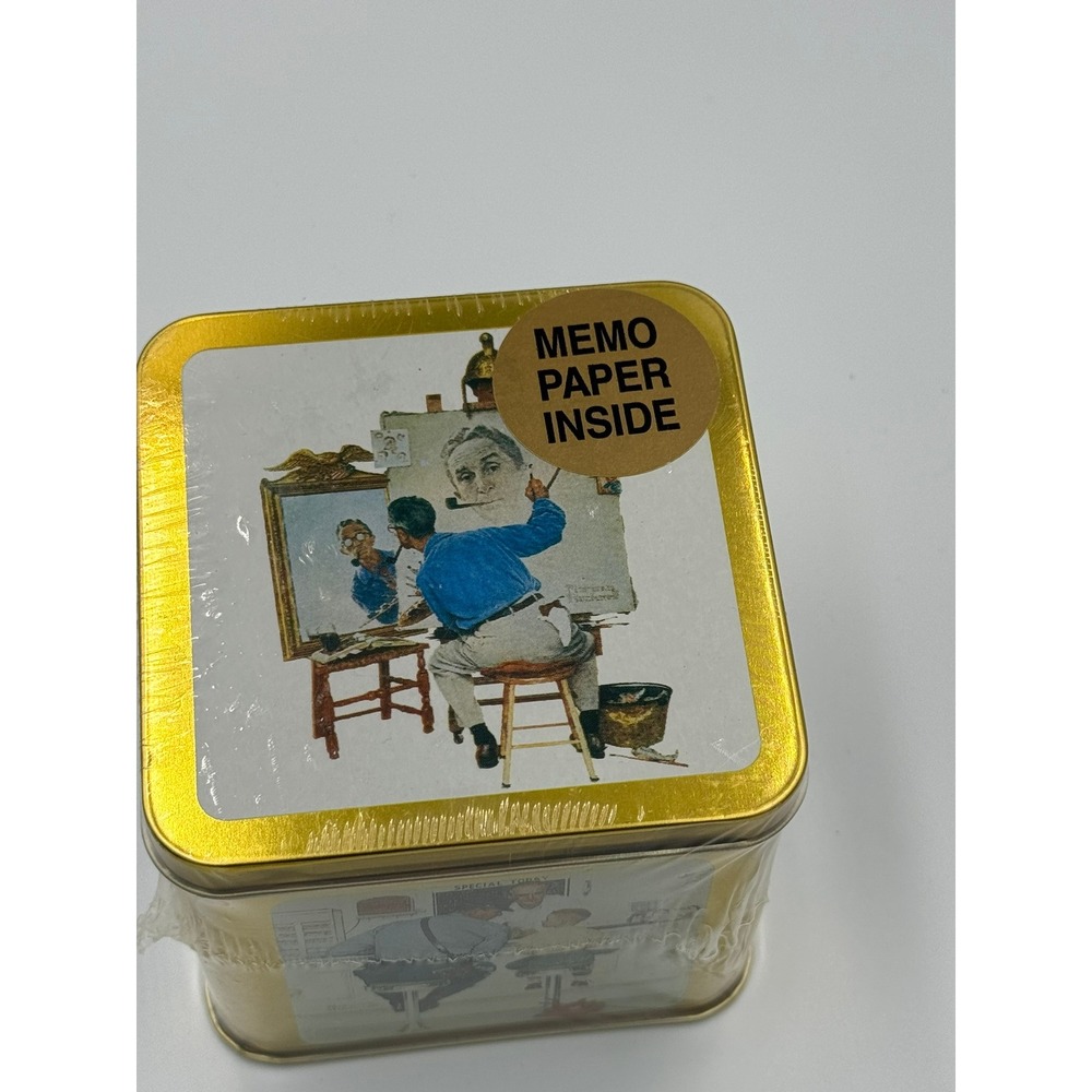 Vintage 1994 Norman Rockwell Memo Paper in Gold Tin Saturday Evening Post Sealed